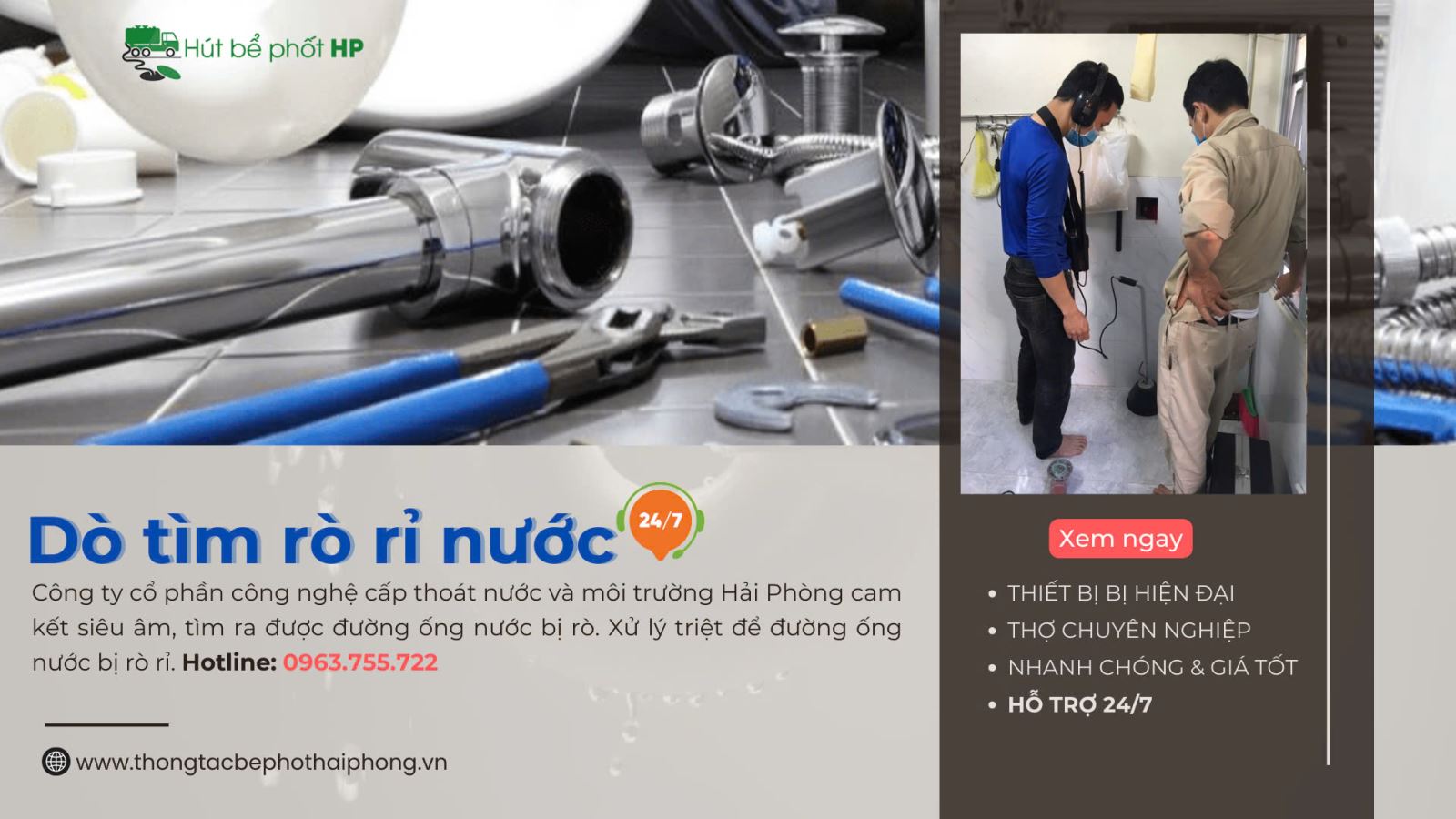 Kỹ thuật viên sử dụng thiết bị siêu âm để phát hiện các điểm rò rỉ nhỏ trong đường ống nước